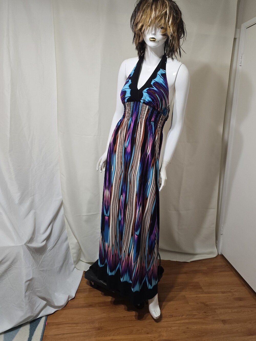 Bisou Bisou Halter Maxi Dress in Blue, Purple & Black Print